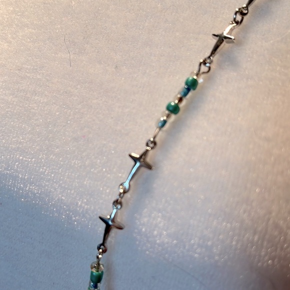 Turquoise & silver cross chain necklace 34 - 37” long fashion - Picture 3 of 4